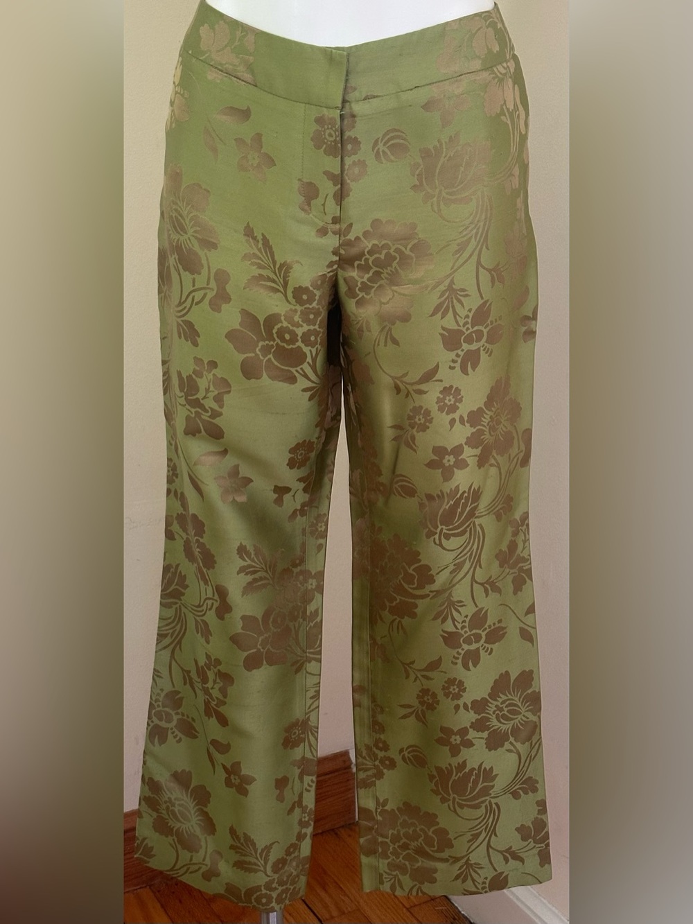 I.N.C. Satin Green & Tan Floral Brocade 58% Silk  Wide-Leg Mid Rise Pants Sz 8
